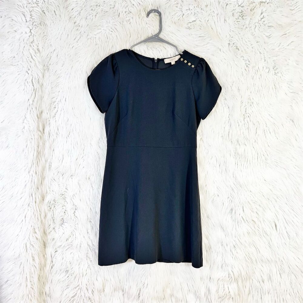 LOFT Women's Gray Shift Dress 4P Mini Buttoned Shoulder Tulip Sleeve Back Zip